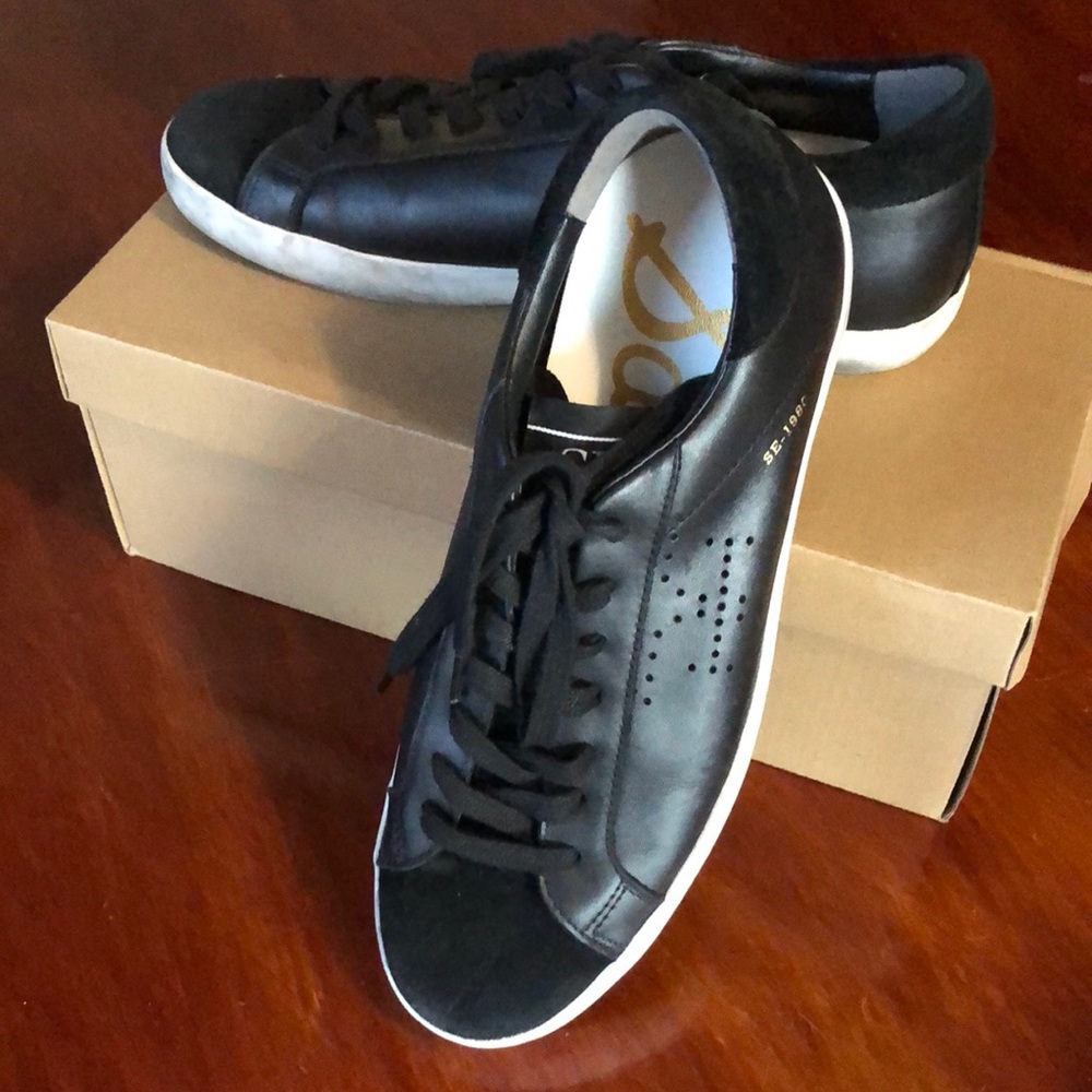 Sam Edelman Black Leather Low-Top Sneakers with White Soles